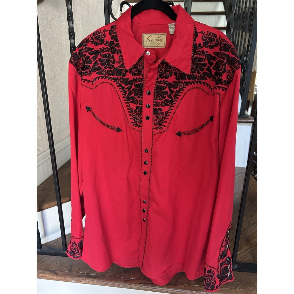 Men's Size Large Scully Retro Western Shirt Snaps Embroidered Sleeves Red/Black